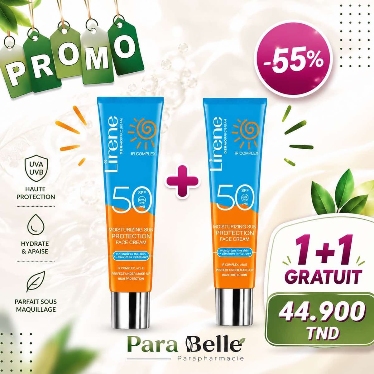 Lirene Écran Solaire Visage Invisible SPF50+ 40ml à la Vitamine E + 2ᵉ Offert